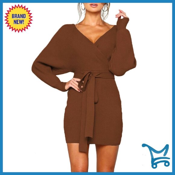 Dresses & Skirts - Sexy Batwing Long Sleeve Backless Wrap Knit Sweater Mini Dress